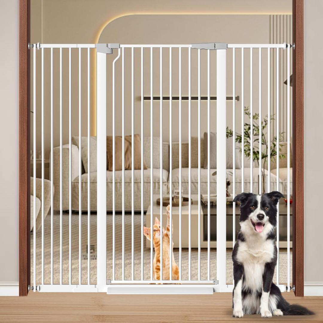 Fairy Baby 51.18" Extra Tall Pet Gate for Doorways, 48.5"-56.2" Extra Wide Long Baby Gate for Stairs, Metal Pressure-Mounted Walk-Through Dog Gate, Auto Close Safety Child Gate Indoor Use, White