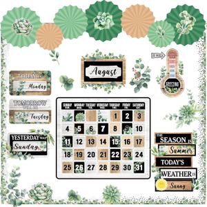 Janlaugh Greenery Classroom Calendar Bulletin Board Set with 3D Paper Fans Plant Eucalyptus Calendar Seasons Weather Chart Classroom Decor for Back to School Blackboard Home Wall Decoration