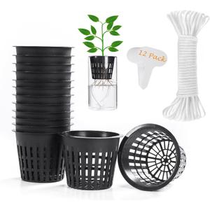 ORIMERC 12 Pack 3 inch Net Cups Pots with 12 feet Hydroponics Self Watering Wick & 12 Plant Labels Aquaponics Mason Jar Bucket Insert Orchid kratky Vegetable Garden Growing Netted Basket Slotted Mesh (Black)