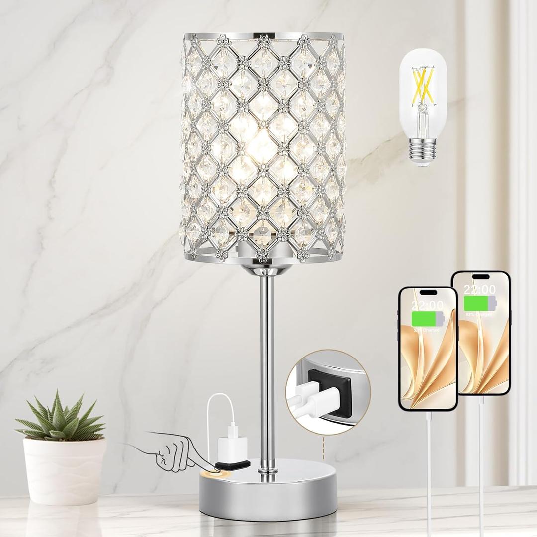 Hong-in Crystal Table Lamp, Crystal Lamp Touch Control with USB-C USB-A Charging Ports & AC Outlets, 3 Way Dimmable Bedside Lamp-Nightstand Lamp Modern Light for Bedroom, Living Room, Bulb Included