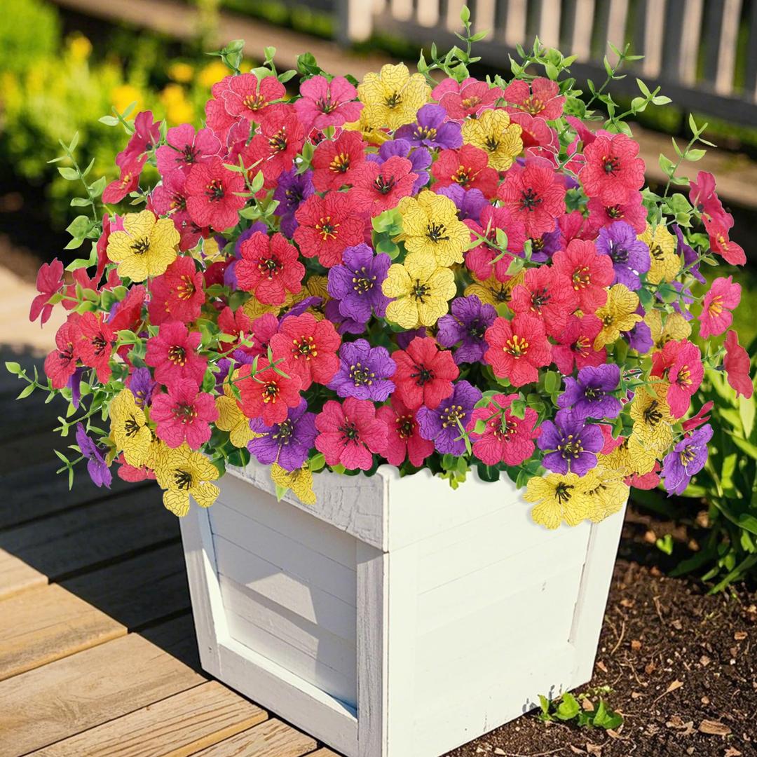 2 x Sahoottie Colorful Artificial Flowers for Outdoors Fake Plastic Flowers 14 Bundles Faux Colorful Daisy Eucalyptus for Outside Porch Patio Garden Decor (4 Mix Colors)