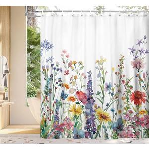 Farmhouse Rustic Boho Floral Shower Curtain, Colorful Watercolor Wildflower Flower Botanical Shower Curtain, Minimalist Aesthetic Floral Shower curtains for bathroom, with Hooks, 70X70IN(White )
