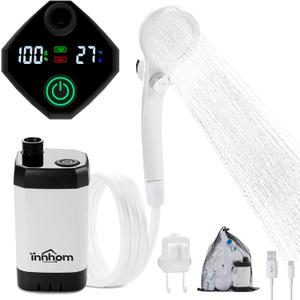innhom Portable Camping Shower, 6000mAh Rechargeable Camp Shower Pump with LED Display, 2 Mode Electric Portable Shower for Camping, Hiking, Travelling, Washing (white)