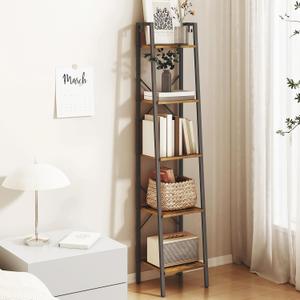 Ladder Shelf, Bookshelf Bookcase, Freestanding Corner Storage Shelve with 2 Hooks for Home Office, Living Room, Kitchen, Bedroom, Industrial, 5-Tier Rustic Brown BC03201B (11.8"D x 13.4"W x 63"H)