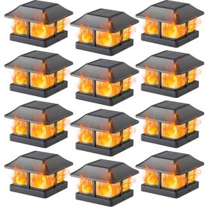 Dynaming 12 Pack Solar Flame Post Cap Lights Outdoor, Solar Powered Fence Post Light, Flickering Flame LED Lantern Lamps for Garden Deck Patio, Only Fit 4x4 Wooden Posts (True Size 3.5"x3.5")
