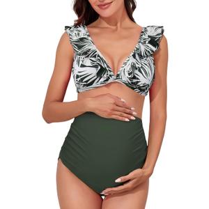 Summer Mae Maternity High Waist Swimsuit Two Piece Ruffle Bikini Bathing Suit Floral V-Neck Pregnancy Swimwear, 2XL