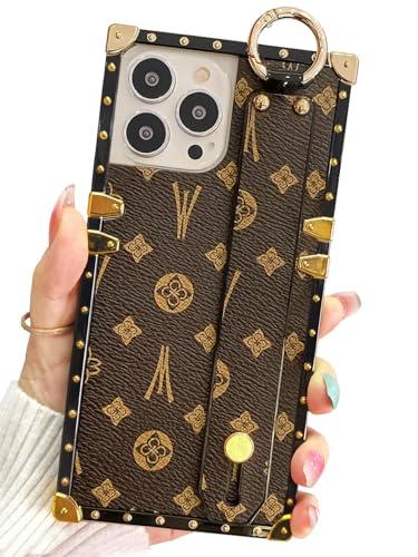 Dropcases Compatible with iPhone 16 Pro Case Luxury Designer for Women Girls,Rectangle Leather with Wristband Strap Holder Protective Phone Cover for iPhone 16 Pro - 6.3 inch (Brown)