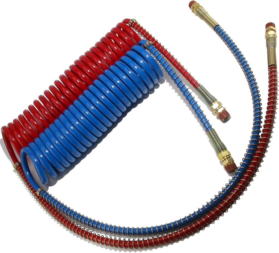 Air Lines for Semi Truck, 15' Coiled Air Brake Hoses with 12" & 40" Leads,Truck Trailer Brake Airline Coil Set Bule and Red
