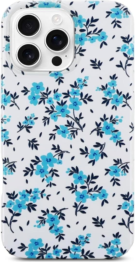J.west Magnetic for iPhone 16 Pro Case 6.3" Soft Slim Floral Women Phone Case Compatible with MagSafe Aesthetic Protective Cute Flowers Design Cover for Girls Teal Blue