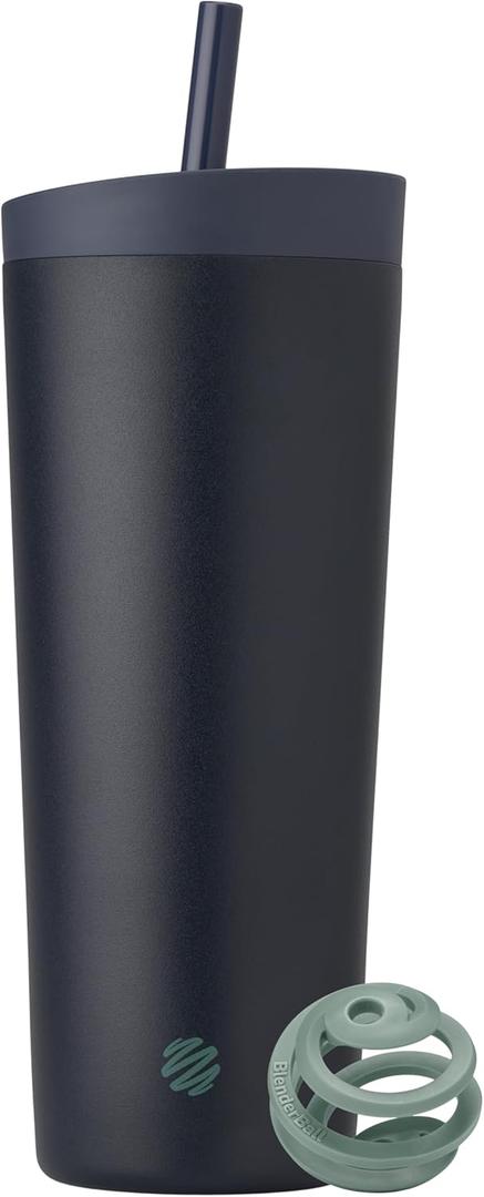 BlenderBottle 2-in-1 Insulated Stainless Steel Shaker Tumbler, Swig Leakproof Lid, Straw, BlenderBall, BPA Free, For Protein Shakes, Smoothies, And Pre Workout, 24 oz, Blue (Midnight)