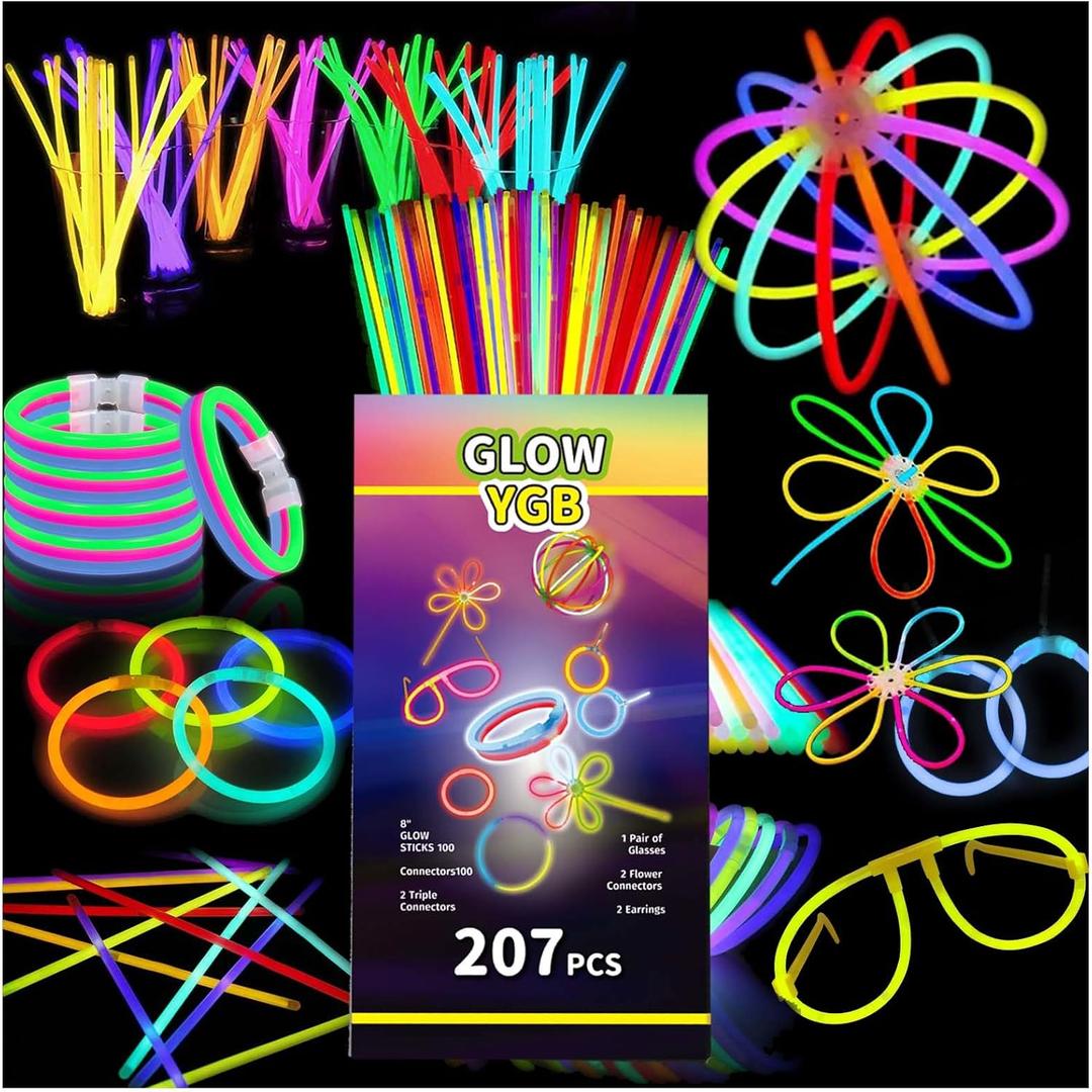 207 Glow Sticks Bulk Party Pack, Halloween Glow Sticks For Kids Camping, Glow In The Dark Sticks, 8 Glow Party Supplies Bracelets with Connectors