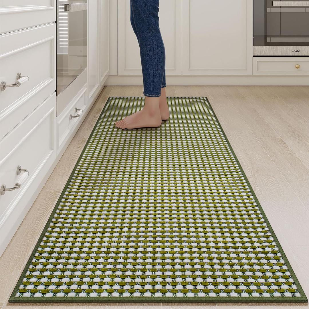 Long Kitchen Runner Rugs Kitchen Mat Non Slip Washable, Super Absorbent Soft Chenille Braided Kitchen Mats for Floor, Rubber Backing Kitchen Floor Sink Standing Mat, Easy Clean, Green 24"x71"