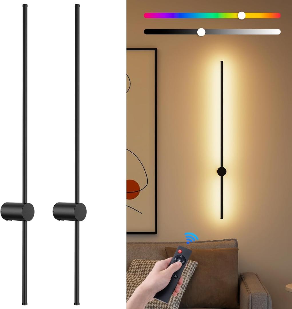 NIORSUN 40 Inch Battery Operated Wall Sconce Set of 2,Black Minimalist Rechargeable LED Wall Lights with Remote, 18 Colors Dimmable Wireless Wall Lamp for Living Room Bedroom Hallway