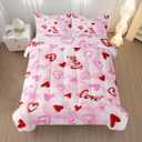2 x Pink Love Heart Comforter Bedding Set with 2 Pillowcase Twin Size Pink Girl Comforter Set for Kids Boys Girls Bedroom Decor