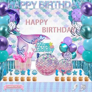 299 Pcs Mermaid Birthday Decorations, Mermaid Party Decorations Kit - Disposable Dinnerware Set with 25 Guests, Backdrop, Balloon, Banner, Tablecloth, Knives, Forks, Spoons, CakeTopper