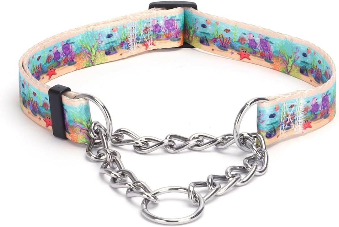 Martingale Dog Collar with Stainless Steel Chain - Limited Chain Cinch Training Collar for No Pull Training Dog - Flower Multicolor Cute Patterns - Premium No Slip Collar (S, Ocean)