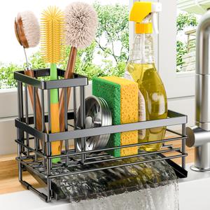 Sink Caddy Organzier, Sponge Holder for Kitchen Sink with Brush Holder and Self Drain Tray, Dish Soap Dispenser Caddy for Home Kitchen Organizers and Storage Decor Essentials Accessories