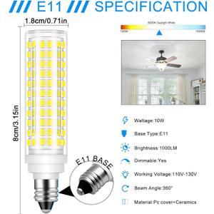 E11 LED Bulb Dimmable,100W Halogen Bulbs Equivalent,T4 Mini Candelabra LED Bulb Dimmable 10W 1000LM,Daylight White 6000K,120V 75W 100W JDE11 LED for Ceiling Fans,Chandeliers,Cabinet Lighting, 2 Pack
