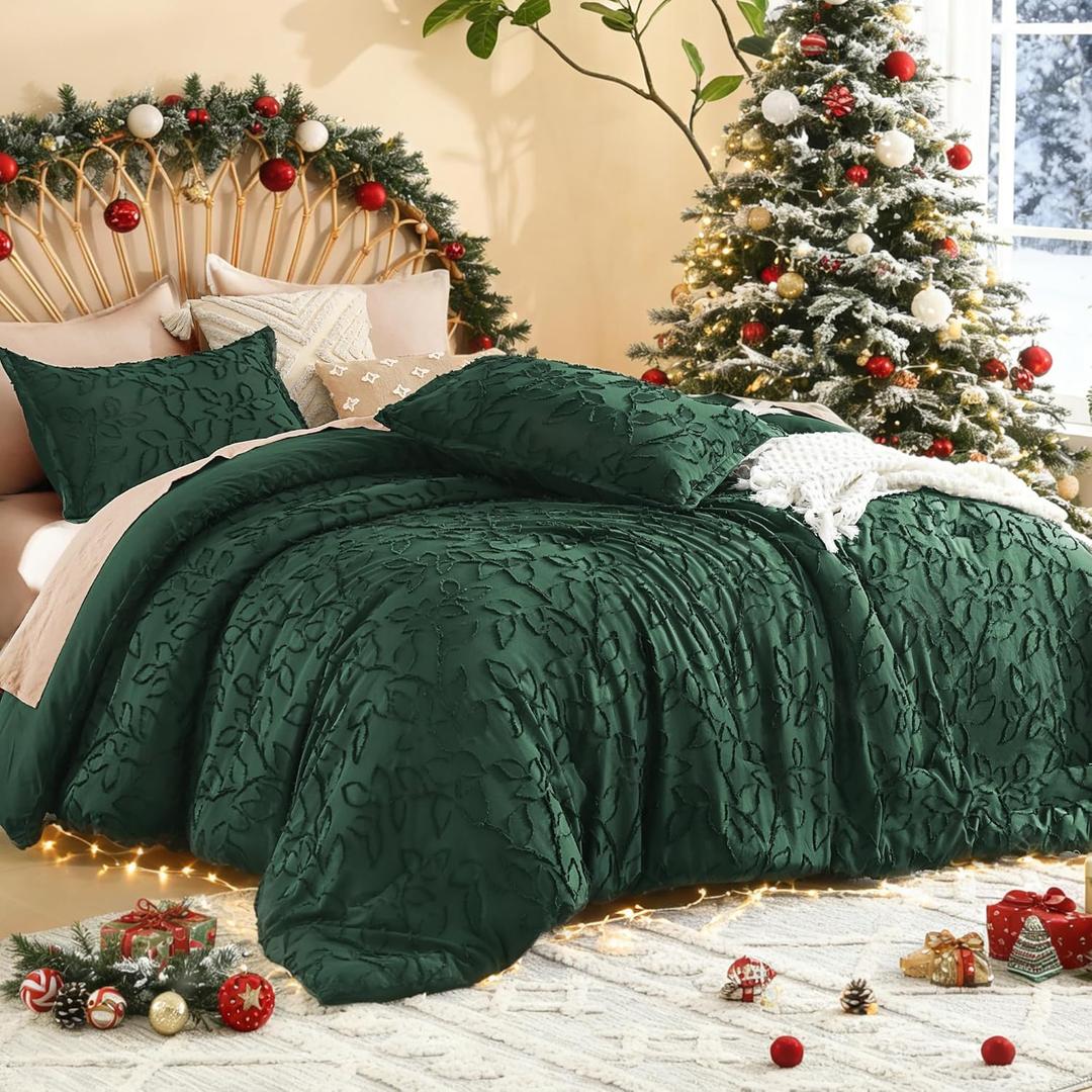 Litanika California King Size Comforter Set Emerald Green, 3 Piece Cal King Dark Green Boho Tufted Bedding, Forest Green Oversized Farmhouse Bed Set with 2 Leaf Pattern Pillowcases104x96In
