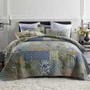 ENASAL Cotton Bedspread Quilt Sets Reversible Bedding Coverlet Sets Comforter, Patchwork Vintage Floral Paisley Farmhouse Pastoral Turquoise Bedspread, Queen Size
