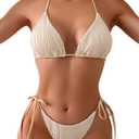 Tainehs Ribbed Two Piece Bikini Sets for Women Sexy Halter Triangle Top Swimsuit String Thong Bathing Suit (Medium, White Rice)