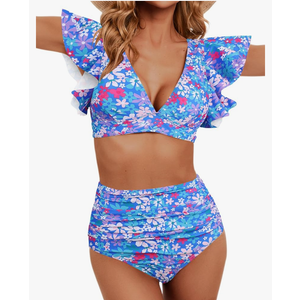 Women Ruffle High Waisted Swimsuit Two Piece Tropical Print Swimsuit Push Up Bathing Suit, L