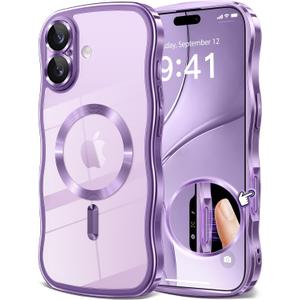 GVIEWIN for iPhone 17 Case [Compatible with MagSafe][Upgraded Full Camera Protection][Cute Wave Frame] Glossy Slim Shockproof Protective Magnetic Phone Case for iPhone 17 6.3'', Clear/Lilac Purple
