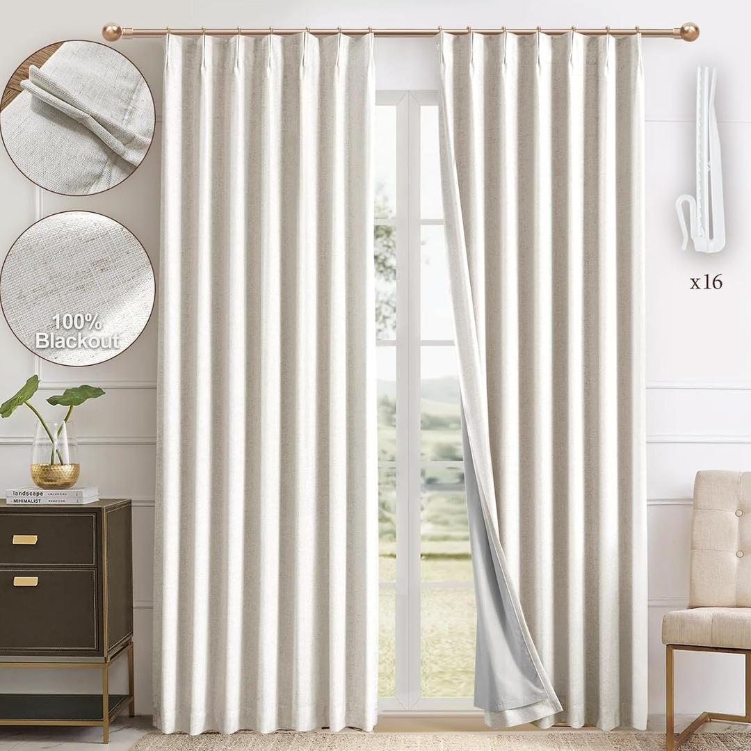 Pinch Pleated 100% Blackout Linen Curtains 95 Inches Long for Bedroom Natural Black Out Pleat Curtains for Living Dining Room Darkening Thermal Insulated Window Curtain Drapes with Pin Hooks, 2 Panels