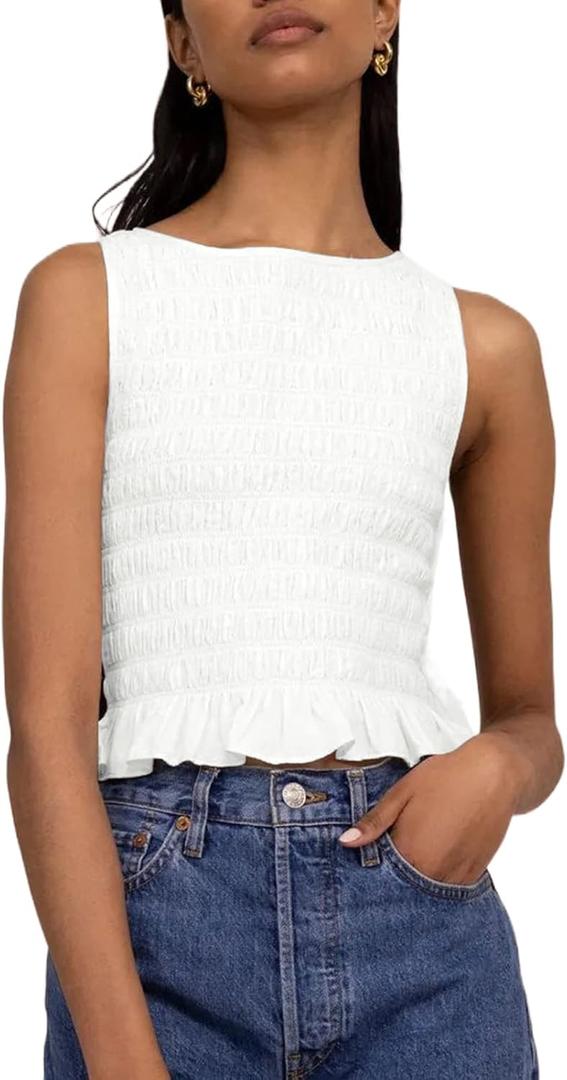 Women Shirred Tank Top Ruffle Sleeveless Tanks Frill Smocked Halter Cami Tops Summer Streetwear (Medium)