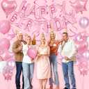 Pink Birthday Decorations, 3D Foil Pink Happy Birthday Balloon Banner with Star and Heart Balloons, Confetti Balloons, Hanging Swirls, for Girls Women Party Decorations
