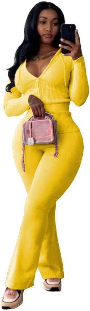 Nimsruc Crochet Sets Two Piece Women Lounge Wear Outfits, Yellow, X-Large 