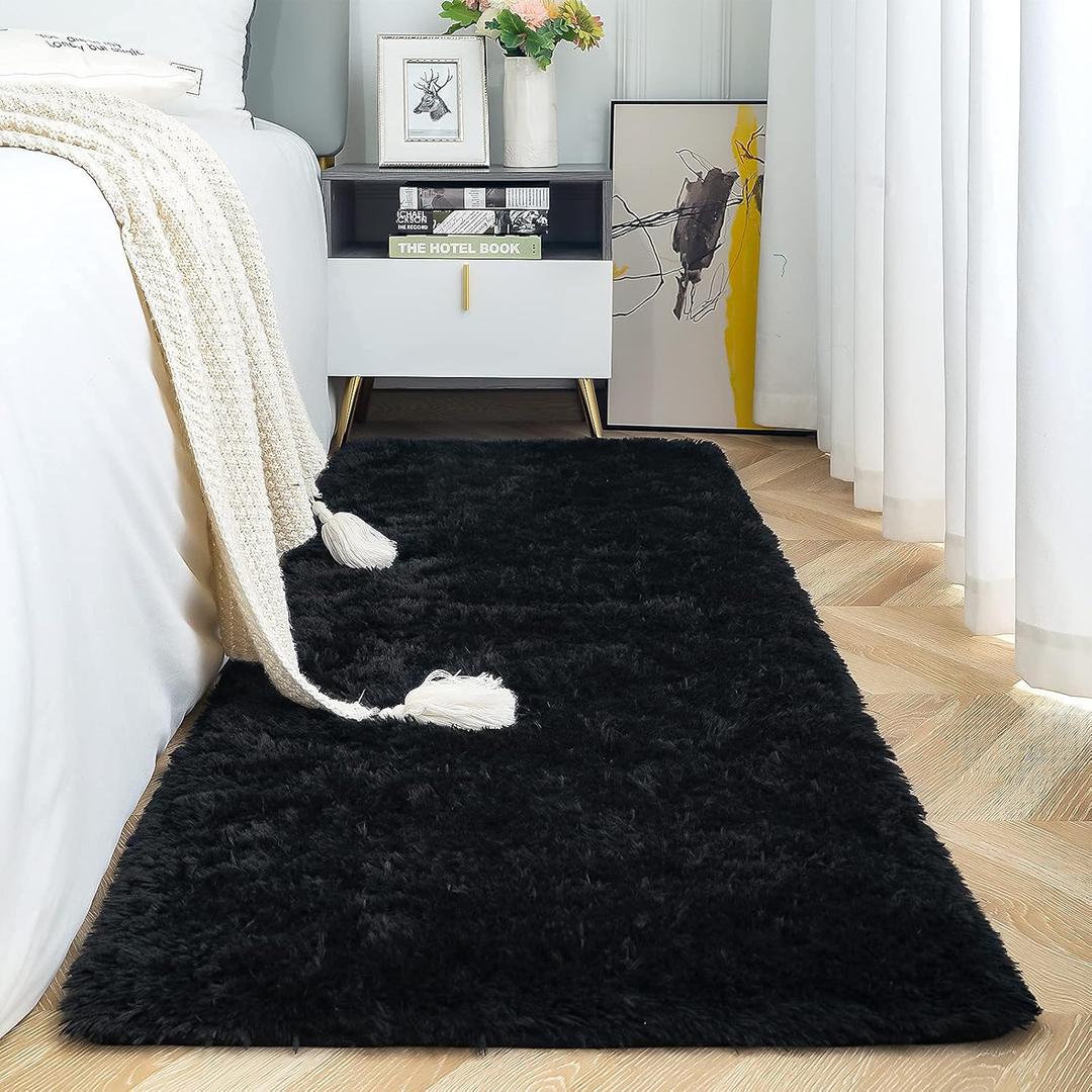 Fluffy Runner Rug for Bedroom Plush Area Rugs, Shag Carpet with Rubber Backing Non Slip, Comfy Nursery Mat Bedside Mats for Kids Boys Room Home Decor, 2ft x 8ft, Black