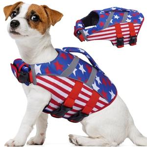 Kuoser American Flag Dog Life Vest for Swimming Boating, Adjustable High Visibility Dog Life Vest with High Flotation Swimsuit Size XS