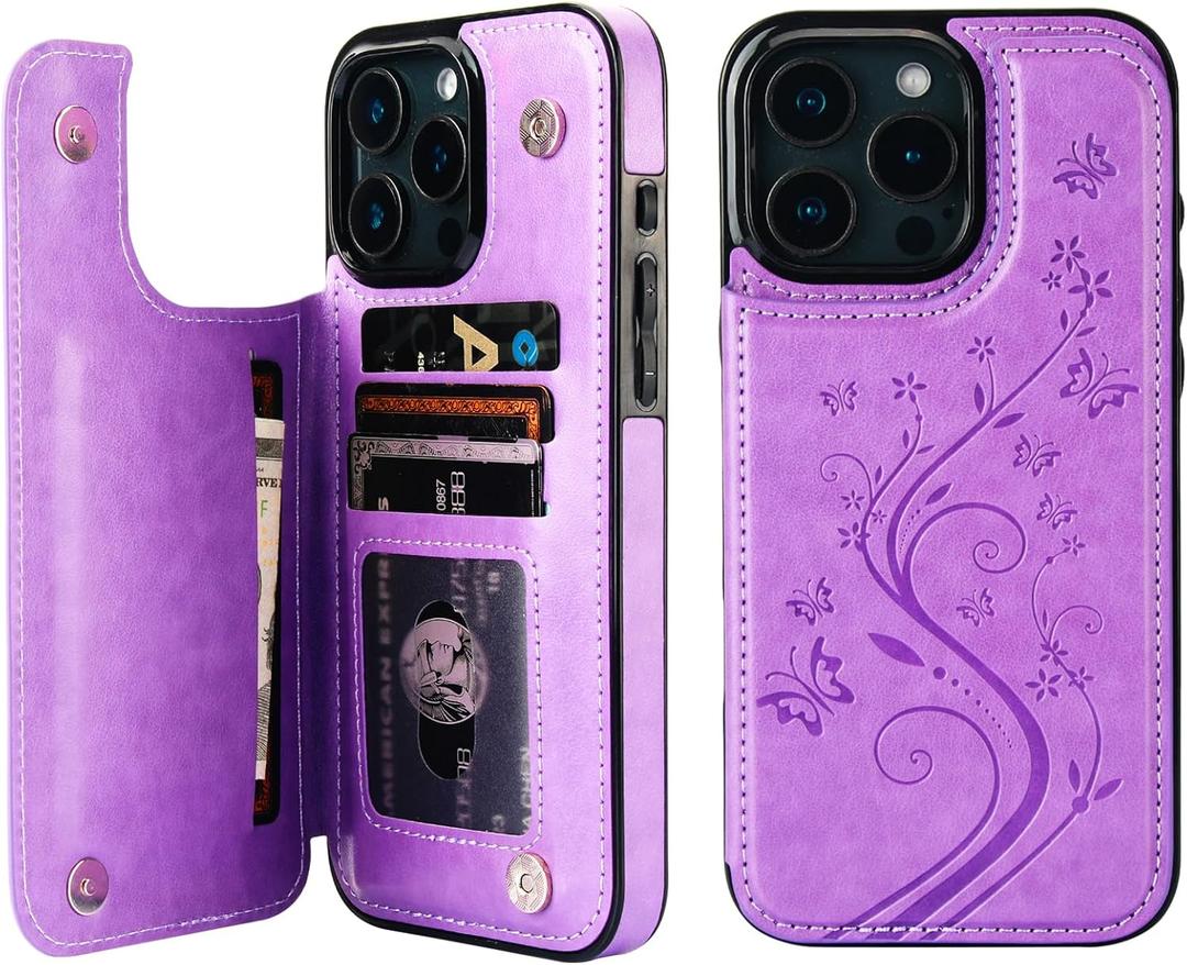 Vaburs Compatible with iPhone 16 Pro Max Case Wallet with Card Holder,Embossed Butterfly Pattern PU Leather Double Buttons Flip Protective Shockproof Cover for Magnetic Car Mount 6.9 Inch (Purple)