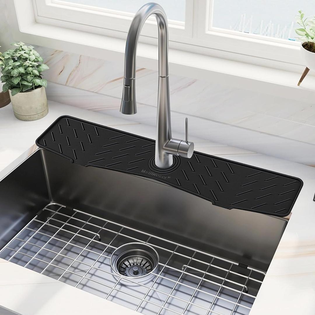 Meiliweser Faucet Mat for Kitchen Sink  24 x 5.1 Extra-Long Silicone Splash Guard with 10 Slope & Upgraded Drainage  Gen 3 Sink Water Catcher & Sponge Holder for Kitchen, Bathroom (Black)