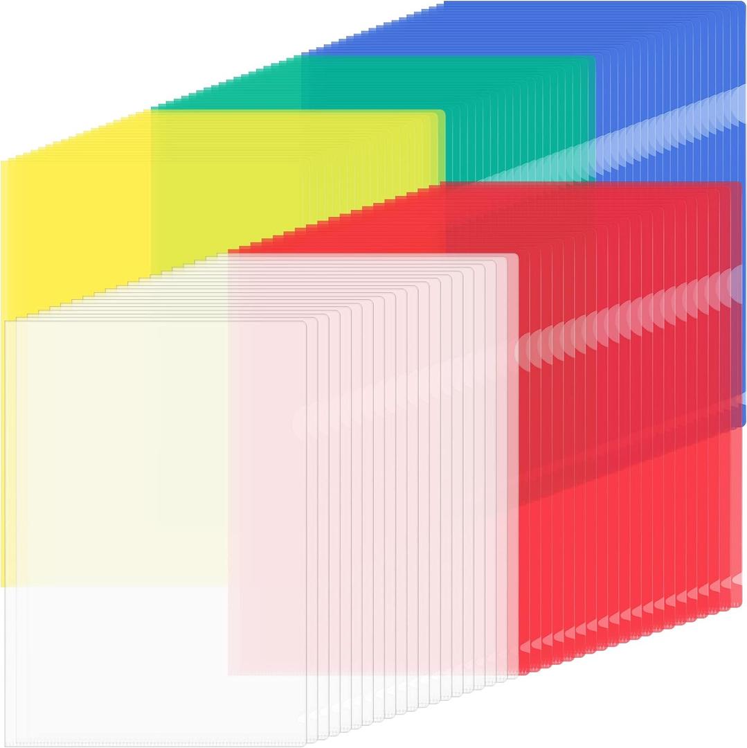 100 Pack Plastic Document Folders Colored Clear File Folders Plastic Pockets Sleeves Letter Size 8.7 x 12.2 Inches A4 Assorted Colors for Office Supplies (Multicolor)
