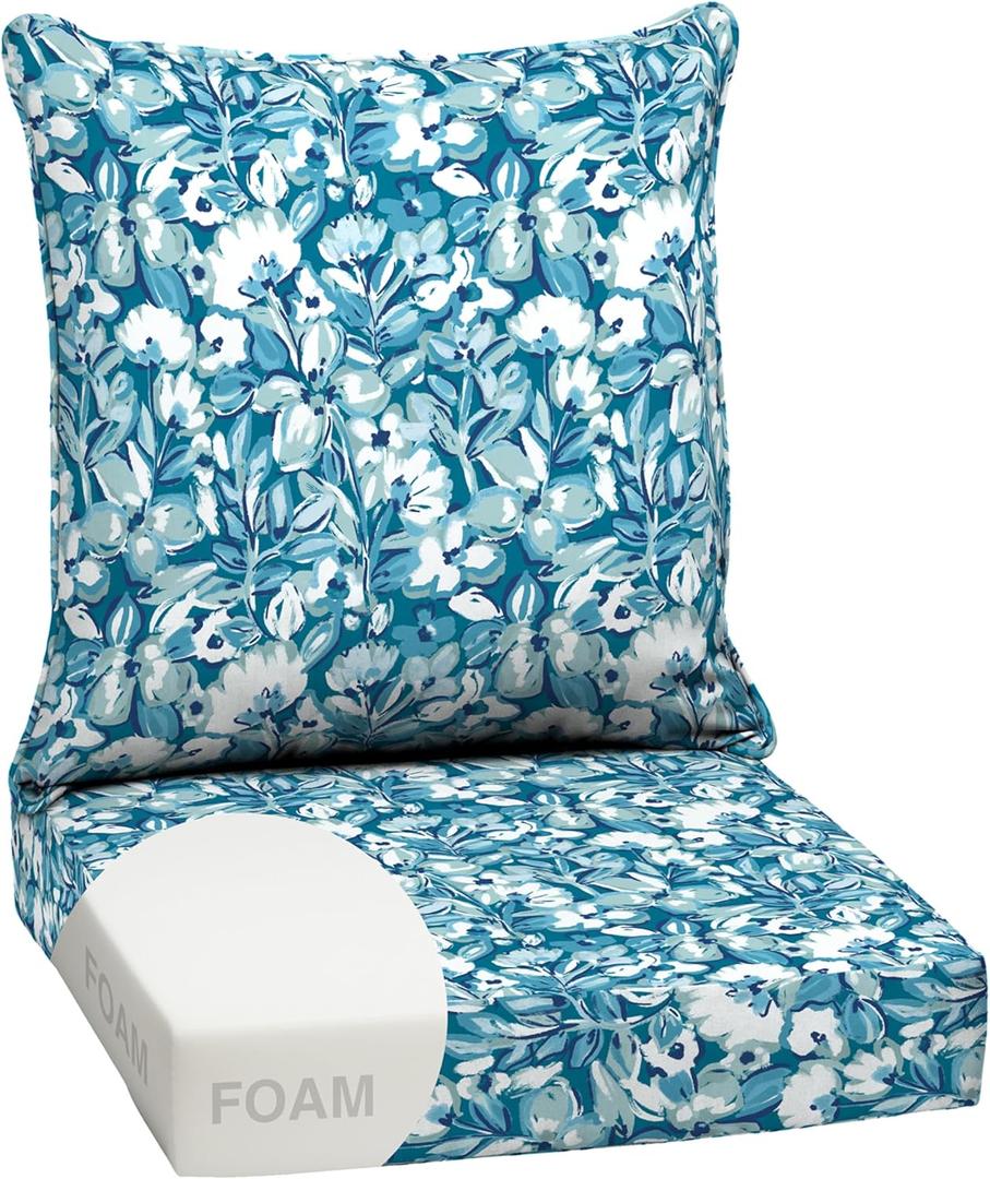 Arden Outdoor Foam Deep Seat Cushion Set, 24 in x 24 in, Weather-Proof, Rain-Proof, Fade Resistant Patio Cushion, Bottom and Back Cushion for Chair, Sofa, and Couch Aqua Blue Fusion Floral