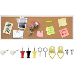 DoubleFill 12'' x 36'' Cork Bulletin Board Framed Large Wall Mounted Corkboard with Installation Kit, Push Pins for Home and Office Decor, School Message or Vision Background (White)