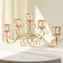 Large Elegant 5 Arms Crystal Bowl Tealight Candle Holder/Candelabra Crystal Votive, 5-arms Metal Crystal Candlestick Holder for Table Centerpiece Wedding/Party Home Decor (Golden, 5-Arm)