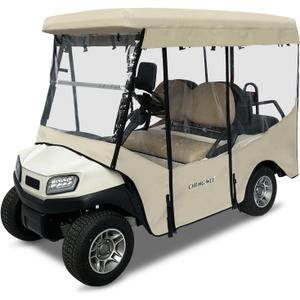Golf Cart Enclosure for 4 Passenger Club Car Tempo&Onward, 600D Waterproof Transparent Driving Rain Cover, Fit 4-Seater Long Roof with 4-Sided Clear Windows Mirror Openings Roll-up Zipper Door (Beige)