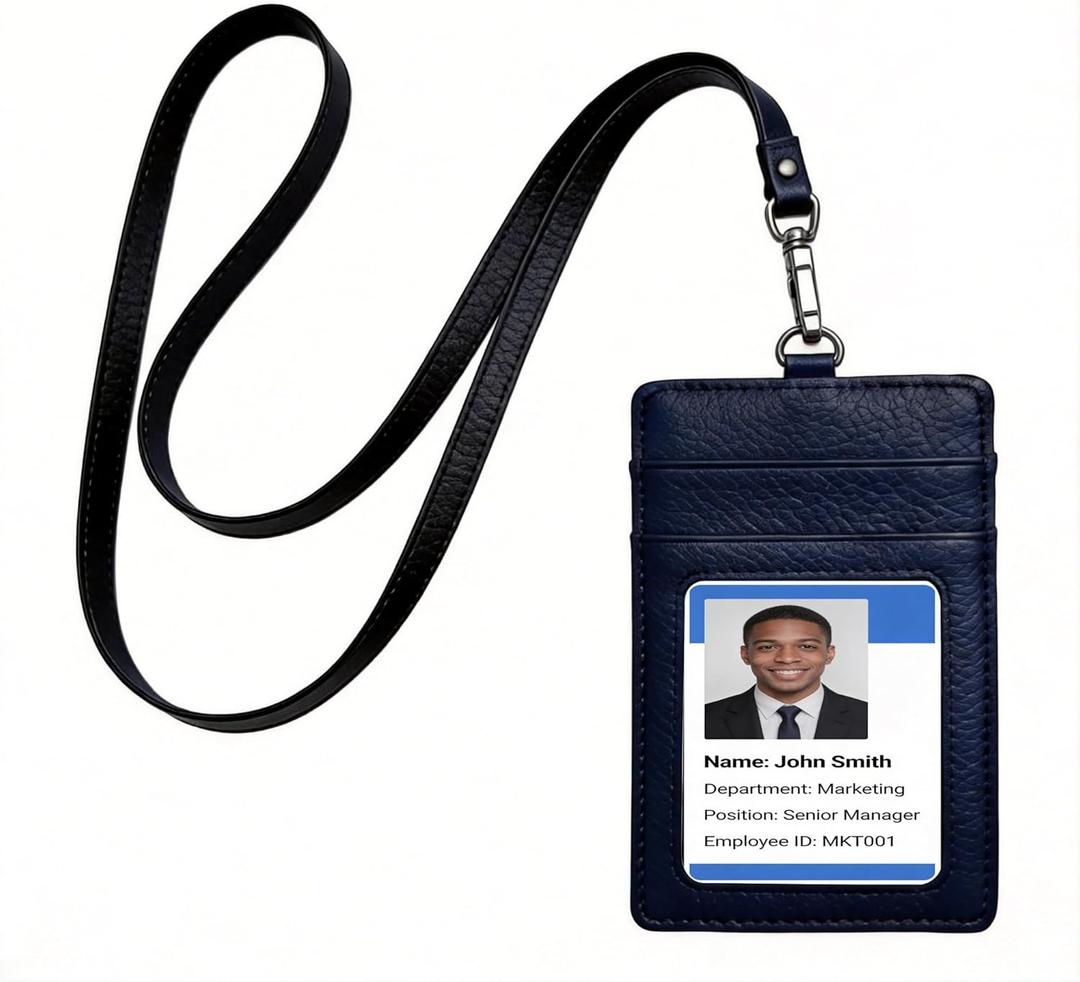 Genuine Leather Badge Holder Card Holder Cowhide Leather ID Badge Holder with Lanyard,2 Card Packs,Neck Lanyard Strap,Offices ID, School ID, Driver Licence Includes A Wrist Strap