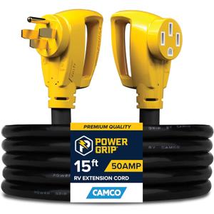 Camco Power Grip 15-Ft 50-Amp Camper/RV Extension Cord - Features Copper 6/3 + 8/1-Gauge Wires for Superior Conductivity - Rated for 125/250 V/12,500 W - Coated w/Heat-Resilient PVC (55194)
