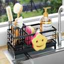 HapiRm Sponge Holder for Kitchen Sink - Self-draining Sink Caddy with Smiley Face and Brush Holder, Stainless Steel Kitchen Organizer for Countertop - Black