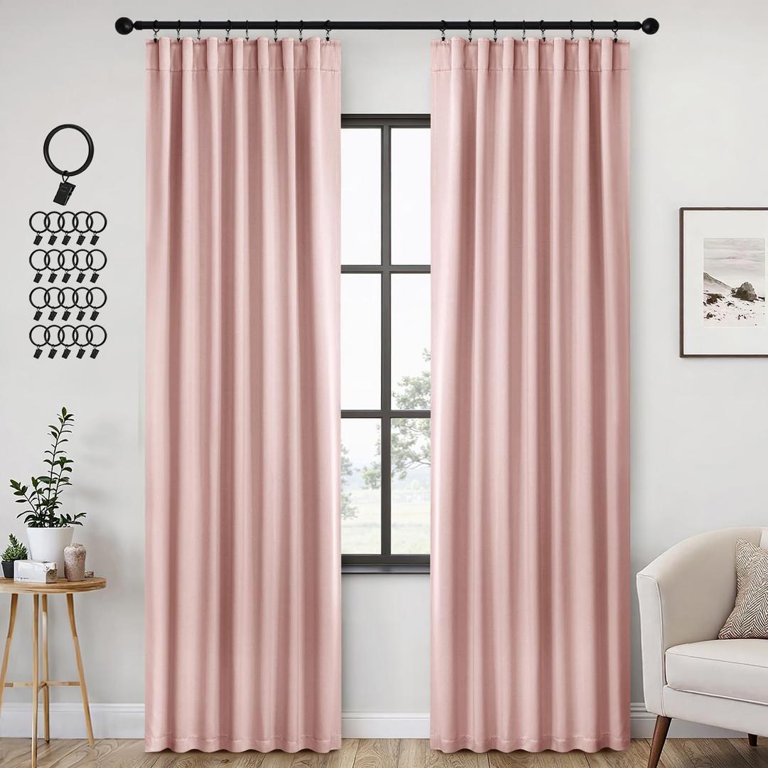 ANRODUO Light Pink Blackout Curtains Nursery Kids Bedroom 84 Inches Long 2 Panels, Baby Pink Room Darkening Light Blocking Rod Pocket and Back Tab Pleated Black Out Curtains with Hooks, Rings