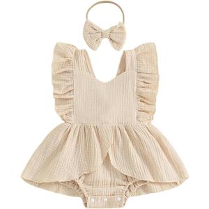 Douhoow Infant Baby Girl Romper Baby Ruffle Bodysuit Jumpsuit One-Piece Cotton Linen Clothes (12-18 Months)