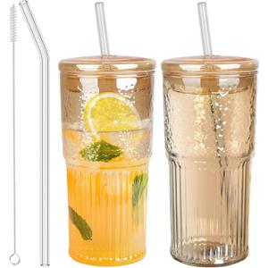 Glass Cups with Lids and Straws, Amber 20 OZ Iced Water Glasses Tumblers for Ice Juice, Tea, Milk, Smoothie and Cold or Hot Drinks, Set of 2