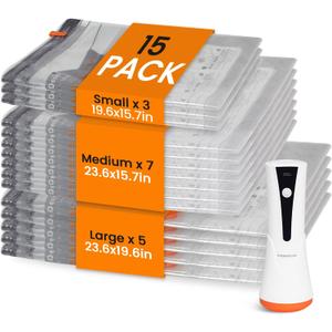 Vacuum Seal Bags for Clothing Travel with Rechargeable Cordless Pump, 15 Pack Compression Space Saver Bags for Packing, Luggage and Seasonal Storage