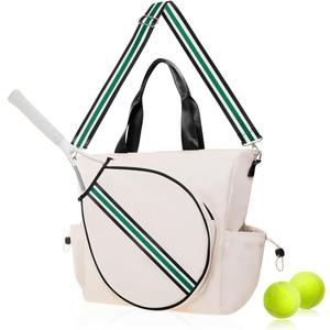 Tennis Bag for Women Racket Tote, Stylish Backpack - Unisex Racquet Sports Pickleball Bag Convertible Shoulder, Crossbody Strap Large Compartment (Tote - Ivory/Green Stripe)