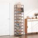 LANTEFUL 10 Tiers Tall Shoe Rack 20-25 Pairs Boots Organizer Storage Sturdy Narrow Shoe Shelf for Entryway, Closets with Hooks, Brown