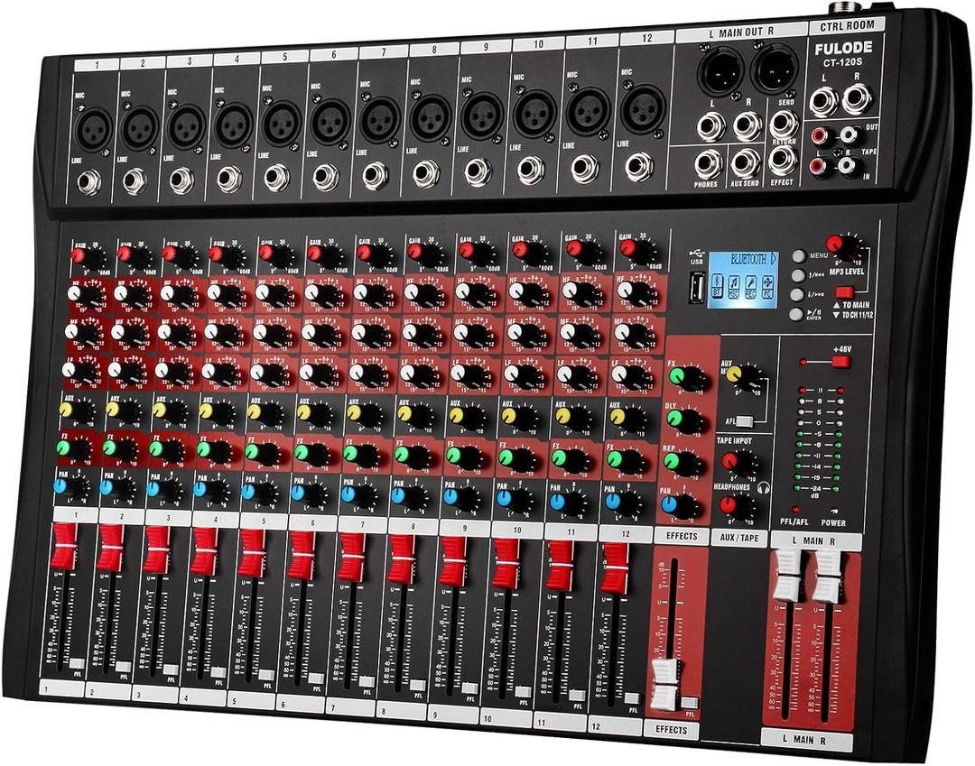 FULUODE 12 Channel Mixer Audio Console, CT-120S Professional Music Mixer DJ Mixing Board with Reverb Bluetooth MP3 Player 48V Phantom Power Supply USB Recording for Studio Karaoke Live Performance